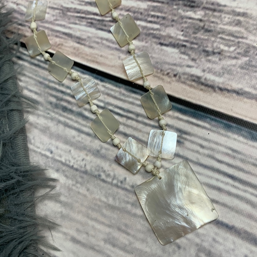Square White Iridescent Shell Bead Necklace